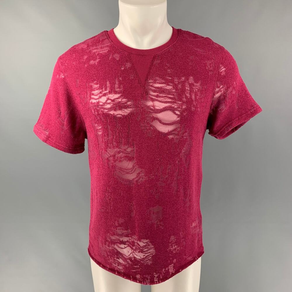 IRO Gaetane Size XS Burgundy Distressed Cotton Blend Crew-Neck T-shirt